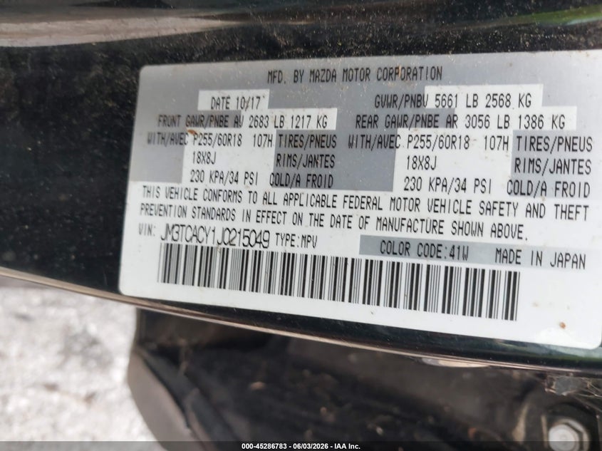 2018 Mazda Cx-9 VIN JM3TCACY1J0215049 IAAI salvage auction — RIGHT SIDE, Salvage Title, sold $6,375 on 2026-07-14 (photo 9)