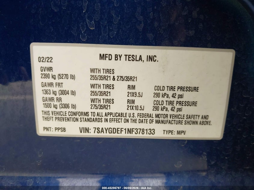 2022 Tesla Model y VIN 7SAYGDEF1NF378133 IAAI salvage auction — LEFT SIDE, Salvage Title, sold $8,300 on 2026-07-29 (photo 9)