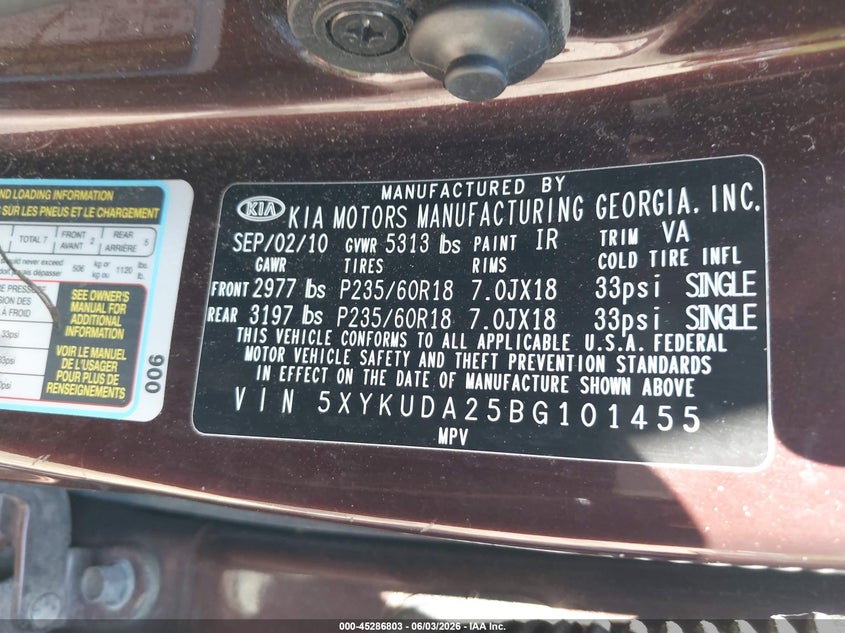 2011 Kia Sorento VIN 5XYKUDA25BG101455 IAAI salvage auction — FRONT END, Salvage (Ohio), sold $800 on 2026-07-14 (photo 9)