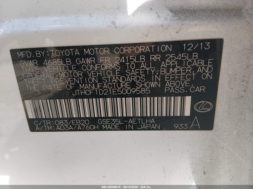 2014 Lexus Is VIN JTHCF1D21E5009585 IAAI salvage auction — LEFT FRONT, Salvage (Colorado), sold $3,200 on 2026-07-21 (photo 9)