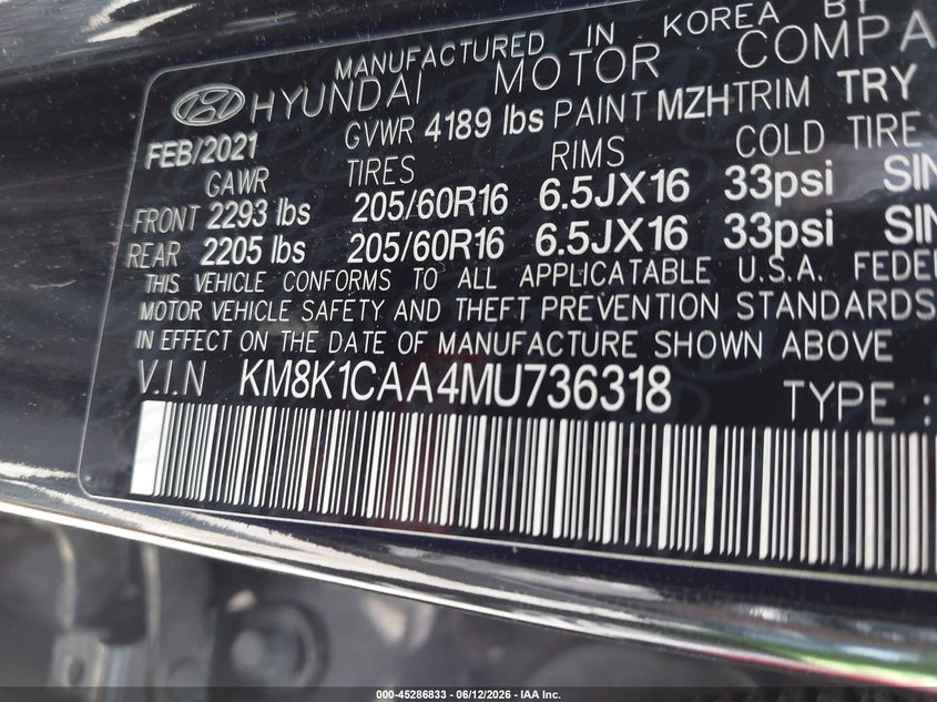 2021 Hyundai Kona VIN KM8K1CAA4MU736318 IAAI salvage auction — RIGHT FRONT, Salvage Title, sold $4,500 on 2026-07-24 (photo 9)