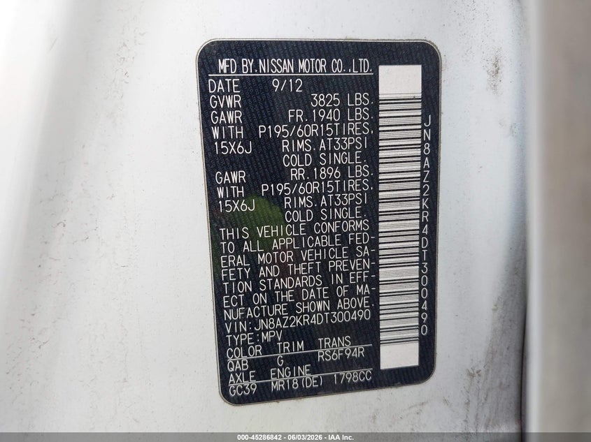 2013 Nissan Cube VIN JN8AZ2KR4DT300490 IAAI salvage auction — REAR END, Salvage Title, sold $600 on 2026-07-22 (photo 9)
