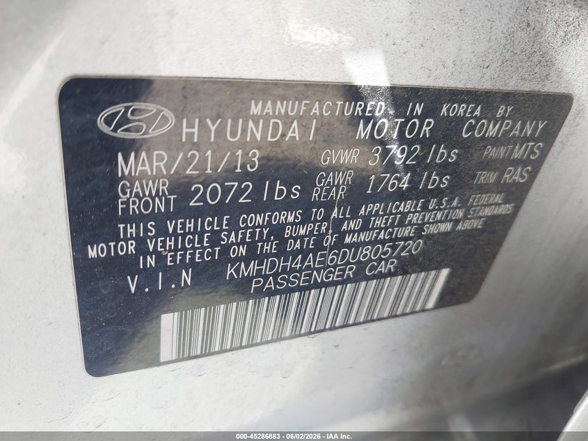2013 Hyundai Elantra VIN KMHDH4AE6DU805720 IAAI salvage auction — THEFT, Salvage Title, sold $1,750 on 2026-07-08 (photo 9)