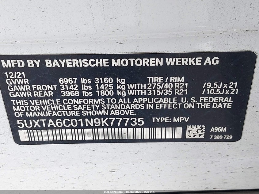 2022 BMW X5 VIN 5UXTA6C01N9K77735 IAAI salvage auction — SIDE, Rebuildable (Florida), sold $35,000 on 2026-07-31 (photo 9)