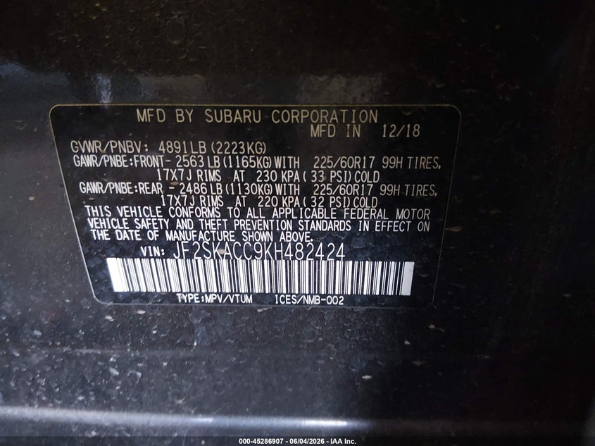2019 Subaru Forester VIN JF2SKACC9KH482424 IAAI salvage auction — FRONT END, Salvage Title, sold $2,850 on 2026-07-14 (photo 9)