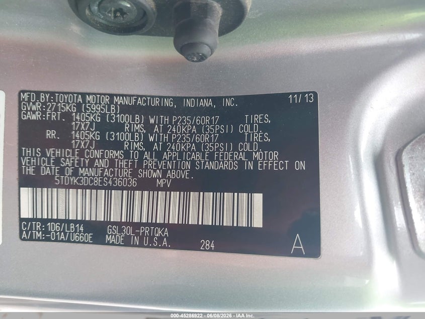 2014 Toyota Sienna VIN 5TDYK3DC8ES436036 IAAI salvage auction — FRONT END, Salvage Title, sold $1,800 on 2026-07-23 (photo 9)