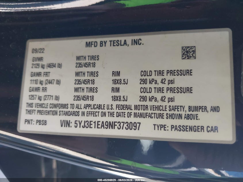 2022 Tesla Model 3 VIN 5YJ3E1EA9NF373097 IAAI salvage auction — SIDE, Salvage Title, sold $7,350 on 2026-07-14 (photo 9)