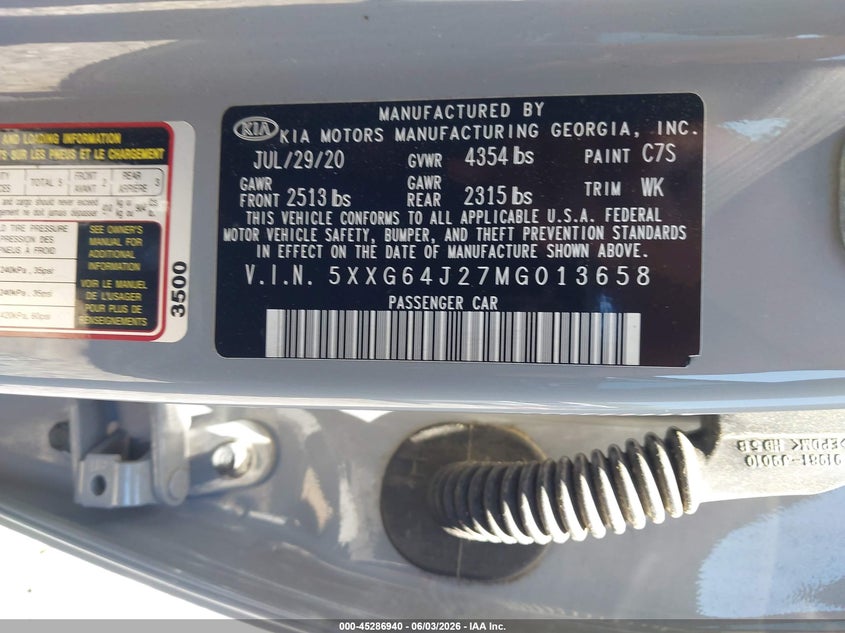 2021 Kia K5 VIN 5XXG64J27MG013658 IAAI salvage auction — REAR END, Salvage Title, sold $5,600 on 2026-07-26 (photo 9)