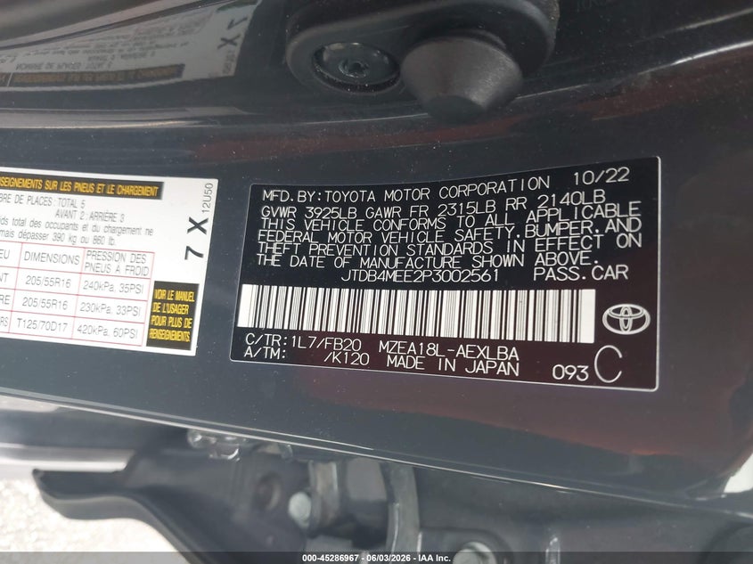 2023 Toyota Corolla VIN JTDB4MEE2P3002561 IAAI salvage auction — LEFT FRONT, Rebuildable (Florida), sold $6,500 on 2026-08-01 (photo 9)