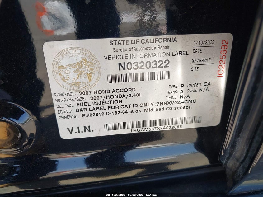 2007 Honda Accord VIN 1HGCM567X7A028686 IAAI salvage auction — FRONT END, Salvage (California), sold $700 on 2026-07-09 (photo 9)
