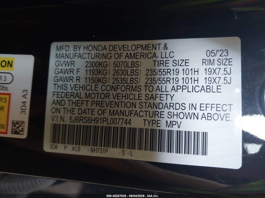 2023 Honda Cr-v VIN 5J6RS6H91PL007744 IAAI salvage auction — FRONT END, Salvage Title, sold $6,000 on 2026-07-19 (photo 9)