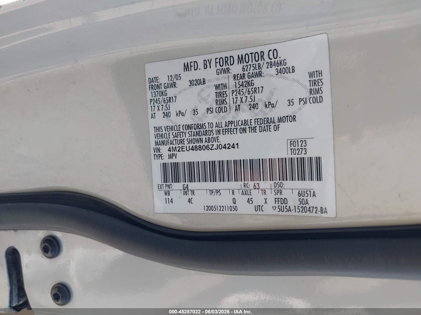 2006 Mercury Mountaineer VIN 4M2EU48806ZJ04241 IAAI salvage auction — RIGHT SIDE, Salvage (Missouri), sold $250 on 2026-07-18 (photo 9)