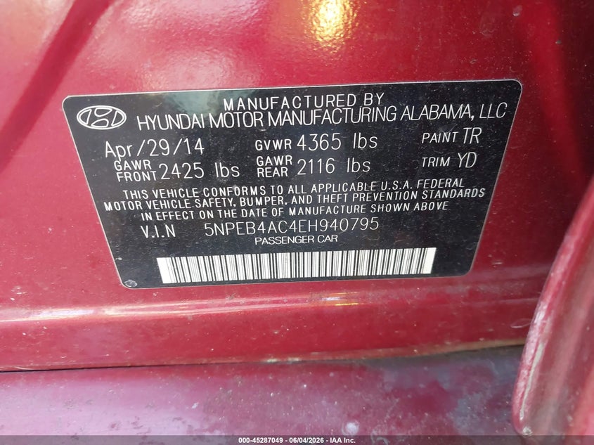 2014 Hyundai Sonata VIN 5NPEB4AC4EH940795 IAAI salvage auction — LEFT FRONT, Salvage Title, sold $500 on 2026-07-09 (photo 9)