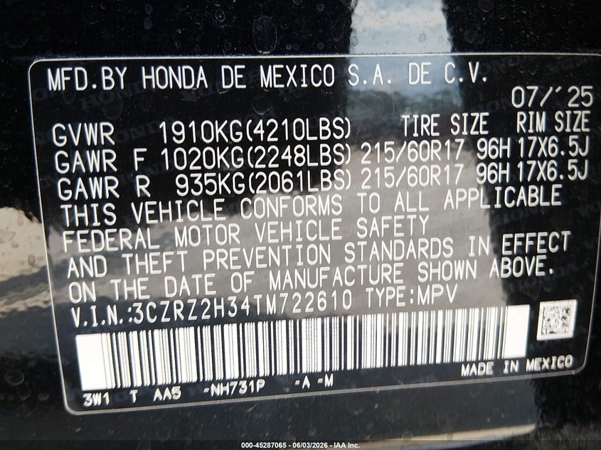 2026 Honda Hr-v VIN 3CZRZ2H34TM722610 IAAI salvage auction — HAIL, Salvage (Kansas), sold $13,325 on 2026-08-19 (photo 9)