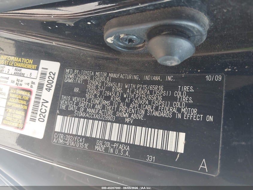 2010 Toyota Sienna VIN 5TDKK4CCXAS329903 IAAI salvage auction — REAR END, Clear (Indiana), sold $975 on 2026-07-17 (photo 9)