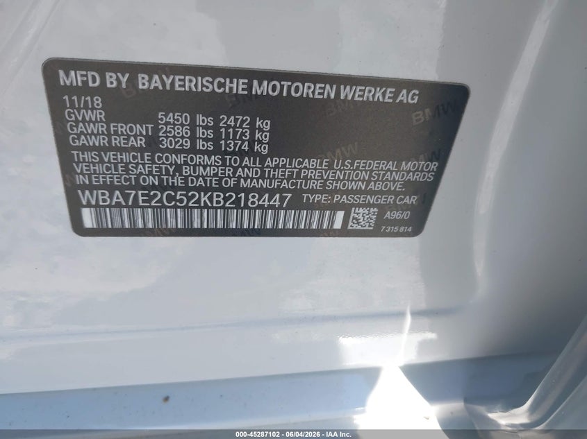 2019 BMW 7er VIN WBA7E2C52KB218447 IAAI salvage auction — FRONT END, Salvage Title, sold $2,650 on 2026-07-28 (photo 9)