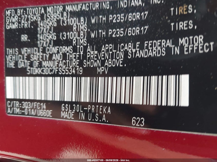 2015 Toyota Sienna VIN 5TDKK3DC7FS553419 IAAI salvage auction — REAR END, Salvage (Virginia), sold $5,450 on 2026-07-27 (photo 9)