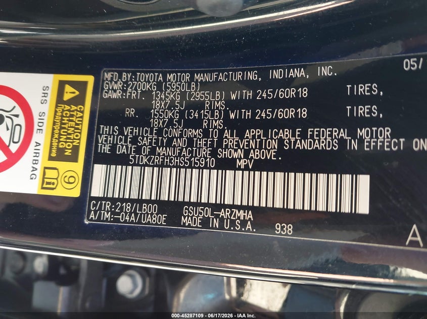 2017 Toyota Highlander VIN 5TDKZRFH3HS515910 IAAI salvage auction — RIGHT FRONT, Salvage Title, sold $8,200 on 2026-07-21 (photo 9)