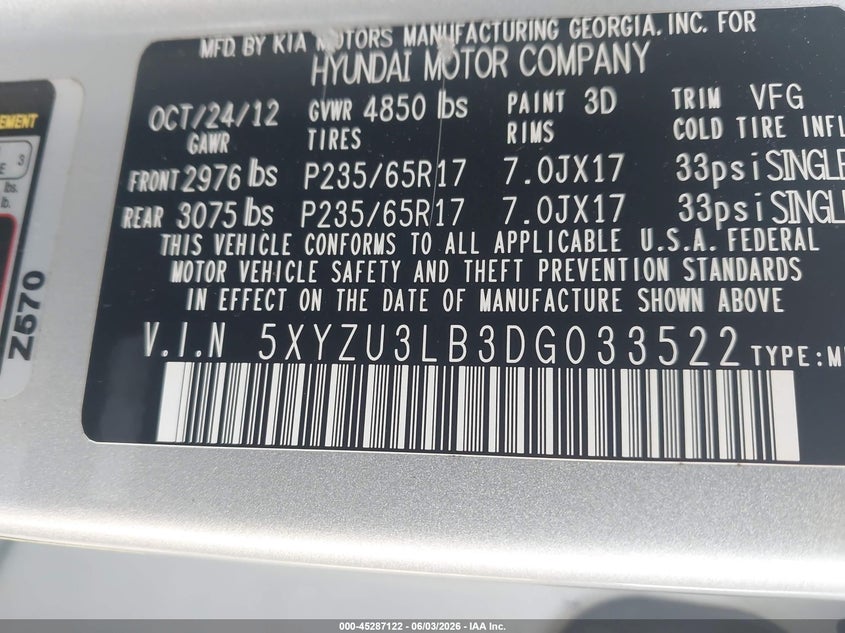 2013 Hyundai Santa fe VIN 5XYZU3LB3DG033522 IAAI salvage auction — FRONT END, Original (Texas), sold $2,050 on 2026-07-08 (photo 9)
