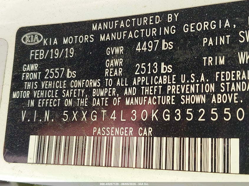 2019 Kia Optima VIN 5XXGT4L30KG352550 IAAI salvage auction — ROLLOVER, Salvage Title, sold $25 on 2026-07-21 (photo 9)