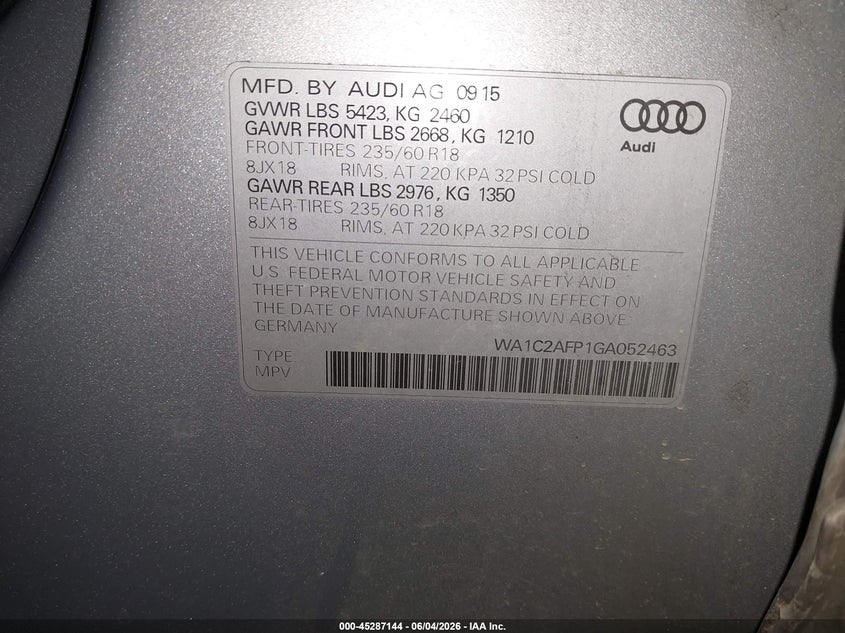 2016 Audi Q5 VIN WA1C2AFP1GA052463 IAAI salvage auction — LEFT FRONT, Salvage (Oregon), sold $3,700 on 2026-10-10 (photo 9)