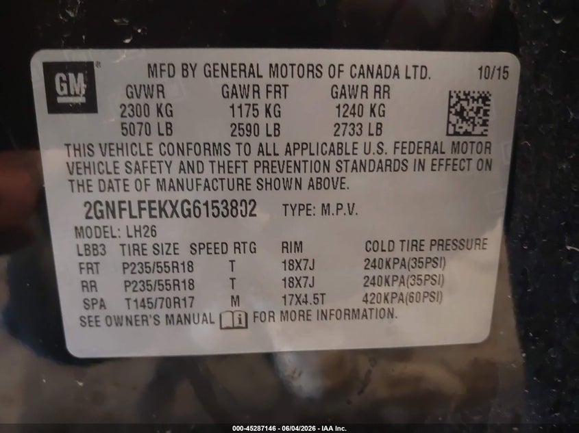 2016 Chevrolet Equinox VIN 2GNFLFEKXG6153802 IAAI salvage auction — RIGHT FRONT, Salvage Title, sold $2,100 on 2026-07-10 (photo 9)