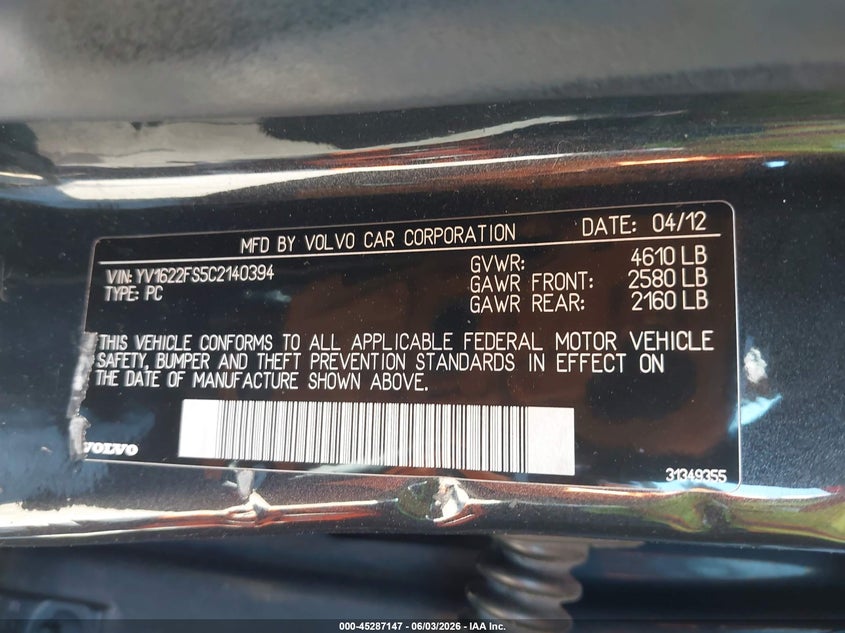 2012 Volvo S60 VIN YV1622FS5C2140394 IAAI salvage auction — SIDE, Salvage Title, sold $25 on 2026-07-22 (photo 9)