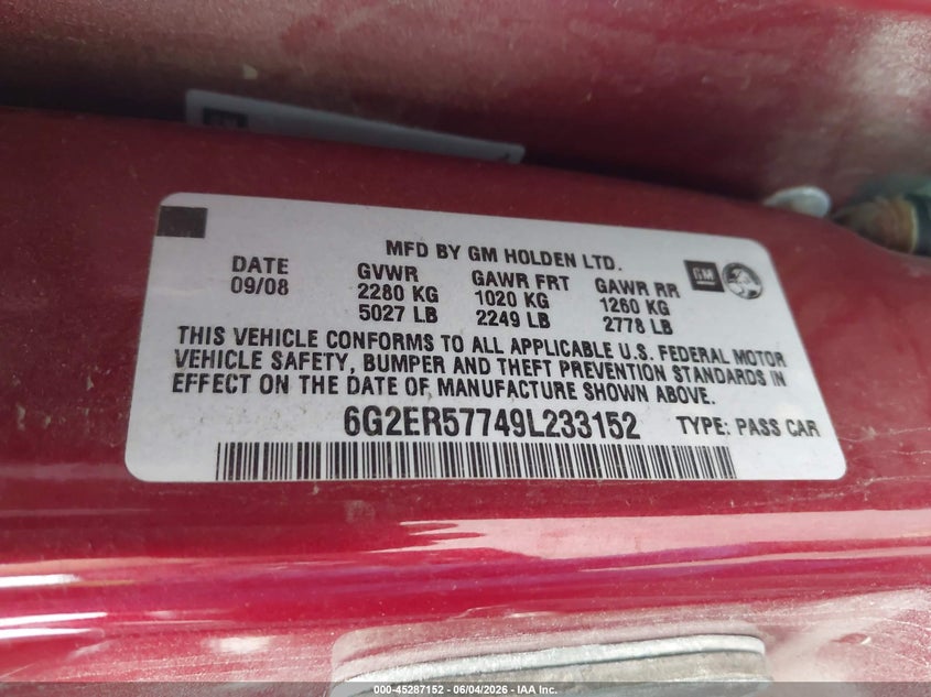 2009 Pontiac G8 VIN 6G2ER57749L233152 IAAI salvage auction — NORMAL WEAR, Certificate Of Title (Nebraska), sold $525 on 2026-07-23 (photo 9)