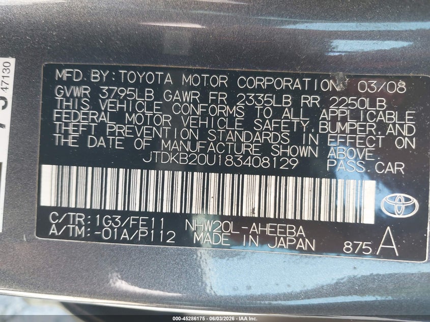 2008 Toyota Prius VIN JTDKB20U183408129 IAAI salvage auction — NORMAL WEAR, Repossession Paperwork (Georgia), sold $550 on 2026-08-01 (photo 9)