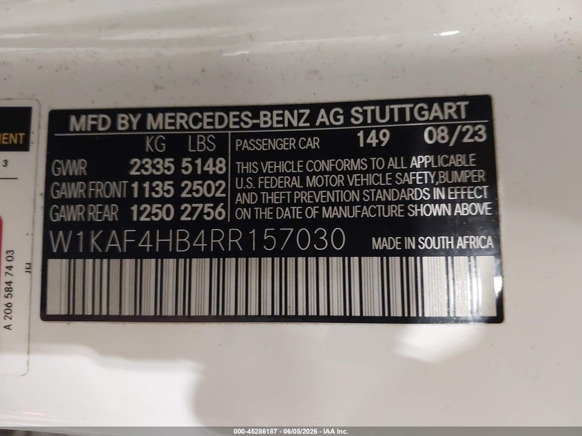 2024 Mercedes-benz C-klasse VIN W1KAF4HB4RR157030 IAAI salvage auction — FRONT END, Salvage Title, sold $18,600 on 2026-07-11 (photo 9)