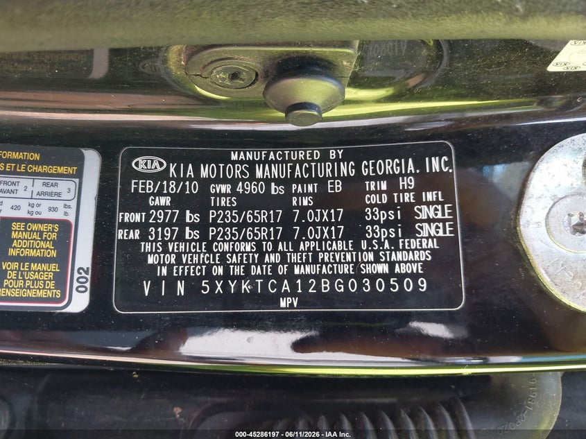 2011 Kia Sorento VIN 5XYKTCA12BG030509 IAAI salvage auction — NORMAL WEAR, Clear (Virginia), sold $400 on 2026-07-21 (photo 9)