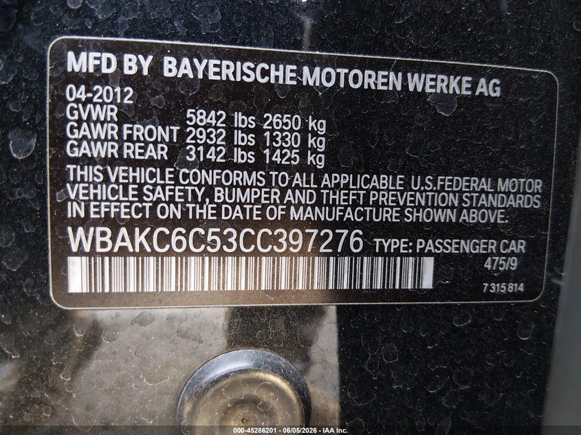 2012 BMW 7er VIN WBAKC6C53CC397276 IAAI salvage auction — REAR END, Salvage Title, sold $1,450 on 2026-07-24 (photo 9)
