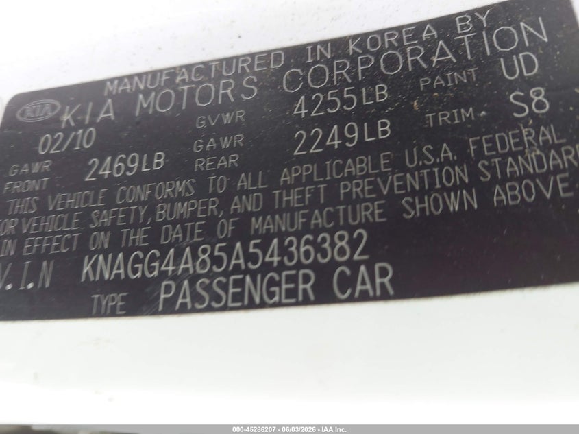 2010 Kia Optima VIN KNAGG4A85A5436382 IAAI salvage auction — FRONT & REAR, Salvage (Georgia), sold $400 on 2026-07-08 (photo 9)