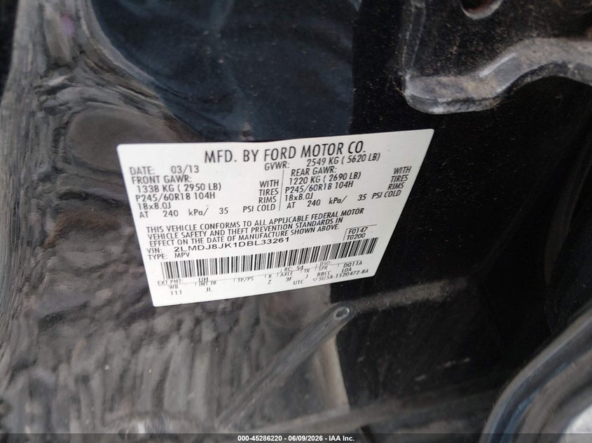 2013 Lincoln Mkx VIN 2LMDJ8JK1DBL33261 IAAI salvage auction — FRONT END, Salvage (West Virginia), sold $325 on 2026-07-19 (photo 9)