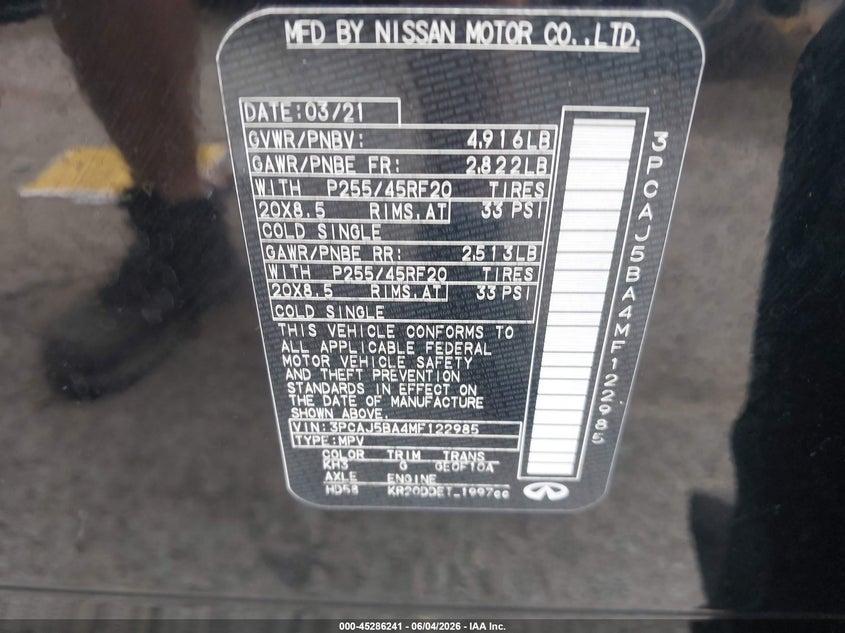2021 Infiniti Qx50 VIN 3PCAJ5BA4MF122985 IAAI salvage auction — REAR END, Salvage Title, sold $7,850 on 2026-07-07 (photo 9)