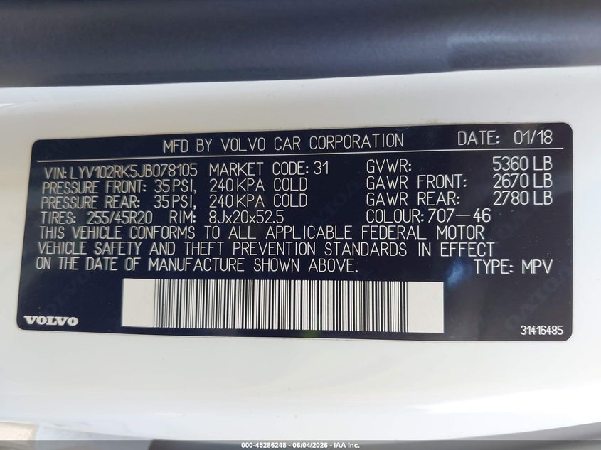 2018 Volvo Xc60 VIN LYV102RK5JB078105 IAAI salvage auction — REAR END, Original (Texas), sold $7,600 on 2026-08-11 (photo 9)