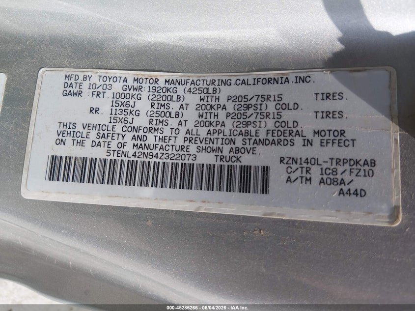 2004 Toyota Tacoma VIN 5TENL42N94Z322073 IAAI salvage auction — HAIL, Salvage (Kansas), sold $3,350 on 2026-07-10 (photo 9)