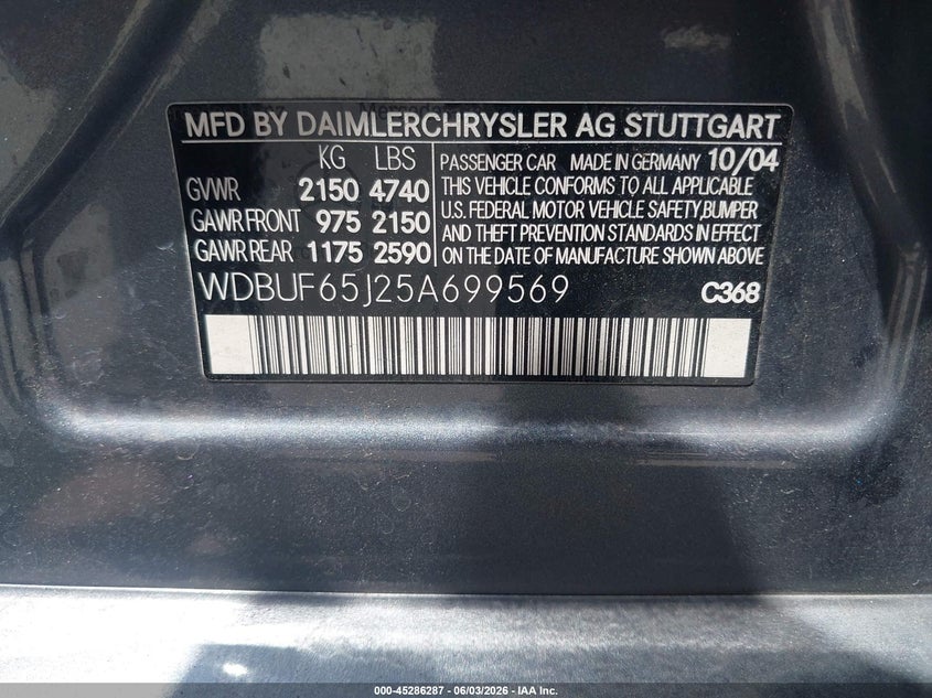 2005 Mercedes-benz E-class VIN WDBUF65J25A699569 IAAI salvage auction — REAR END, Salvage (California), sold $200 on 2026-07-23 (photo 9)
