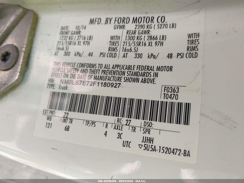 2015 Ford Transit VIN NM0LS7E72F1180927 IAAI salvage auction — NORMAL WEAR, Clear (Virginia), sold $550 on 2026-07-30 (photo 9)