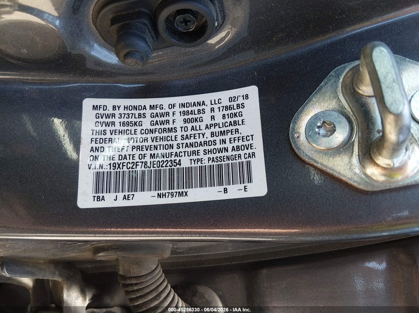 2018 Honda Civic VIN 19XFC2F78JE022354 IAAI salvage auction — FRONT END, Salvage Title, sold $3,700 on 2026-07-24 (photo 9)