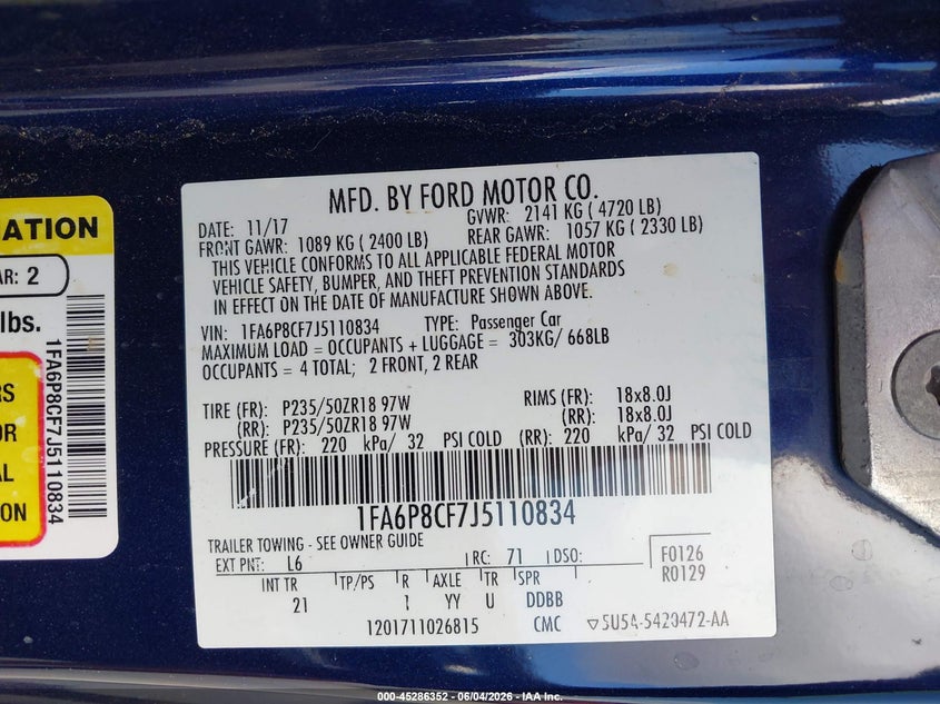 2018 Ford Mustang VIN 1FA6P8CF7J5110834 IAAI salvage auction — ROLLOVER, Salvage Title, sold $3,150 on 2026-07-09 (photo 9)