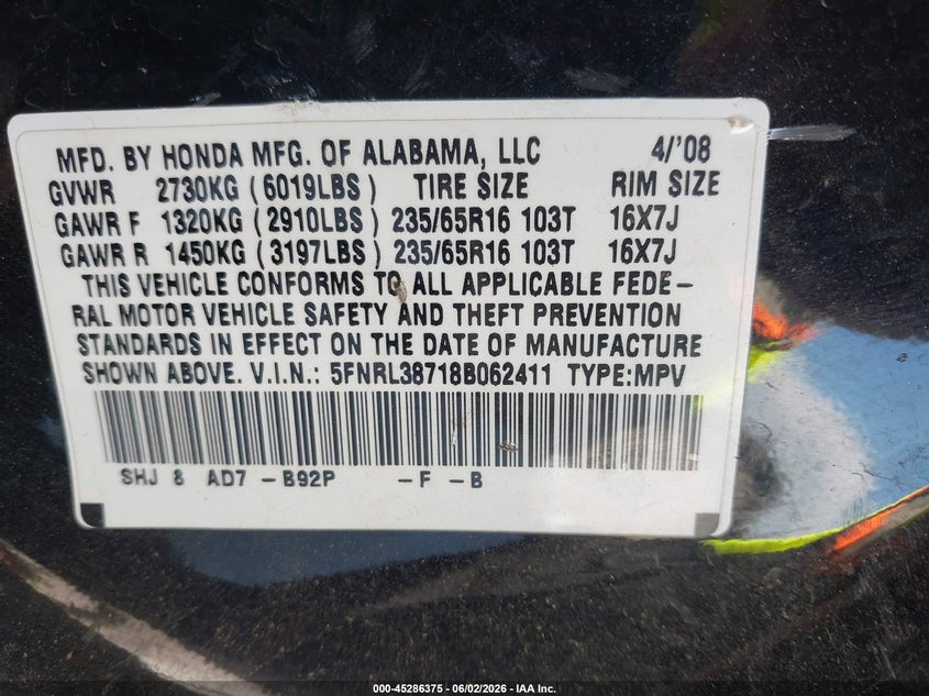 2008 Honda Odyssey VIN 5FNRL38718B062411 IAAI salvage auction — LEFT SIDE, Salvage (California), sold $475 on 2026-07-09 (photo 9)