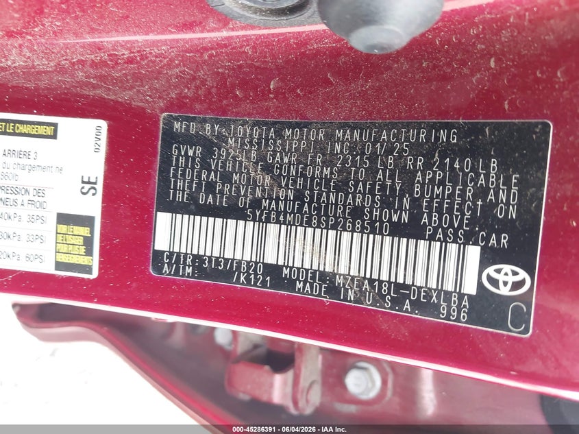 2025 Toyota Corolla VIN 5YFB4MDE8SP268510 IAAI salvage auction — FRONT & REAR, Certificate Of Destruction (Florida), sold $4,200 on 2026-07-30 (photo 9)