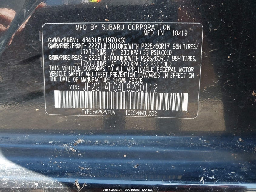 2020 Subaru Xv VIN JF2GTAEC4L8200112 IAAI salvage auction — ROLLOVER, Salvage Title, sold $1,525 on 2026-07-16 (photo 9)
