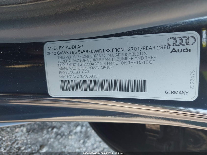 2013 Audi A7 VIN WAUYGAFC7DN008351 IAAI salvage auction — FRONT END, Salvage Title, sold $500 on 2026-07-29 (photo 9)