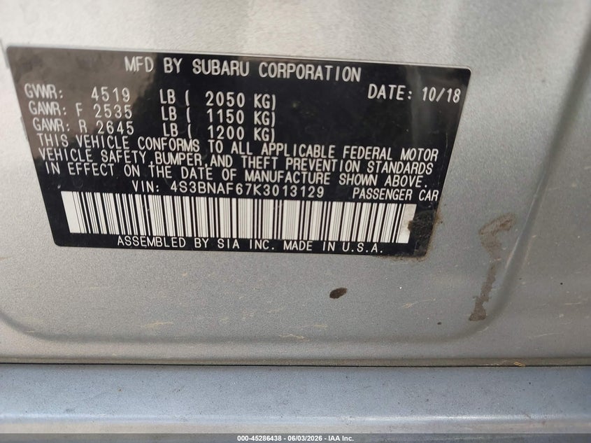2019 Subaru LEGACY VIN 4S3BNAF67K3013129 IAAI salvage auction — RIGHT SIDE, Salvage (Minnesota), sold $2,025 on 2026-07-30 (photo 9)
