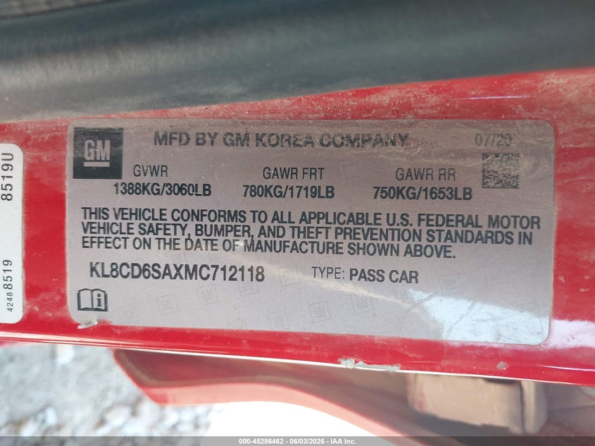 2021 Chevrolet Spark VIN KL8CD6SAXMC712118 IAAI salvage auction — FRONT END, Salvage Title, sold $750 on 2026-07-22 (photo 9)