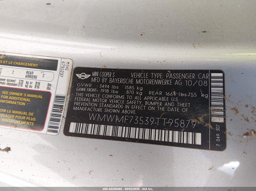 2009 Mini VIN WMWMF73539TT95879 IAAI salvage auction — NORMAL WEAR, Clear (Virginia), sold $375 on 2026-07-17 (photo 9)