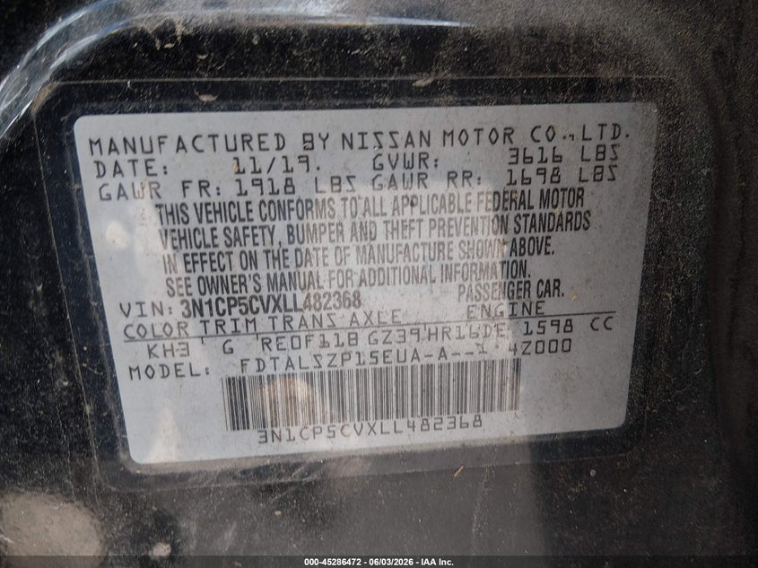 2020 Nissan Kicks VIN 3N1CP5CVXLL482368 IAAI salvage auction — REAR END, Salvage Title, sold $1,150 on 2026-07-09 (photo 9)