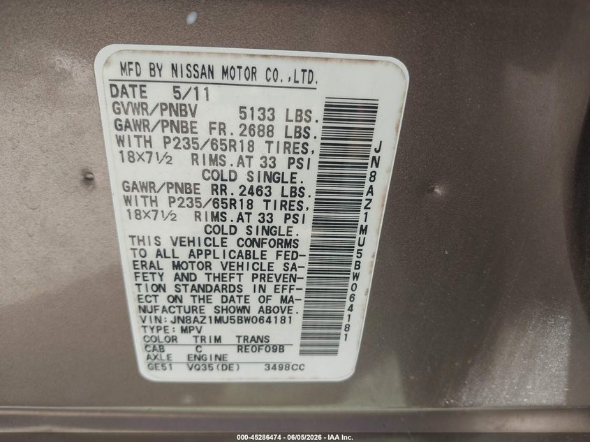 2011 Nissan Murano VIN JN8AZ1MU5BW064181 IAAI salvage auction — FRONT & REAR, Salvage (West Virginia), sold $400 on 2026-07-28 (photo 9)